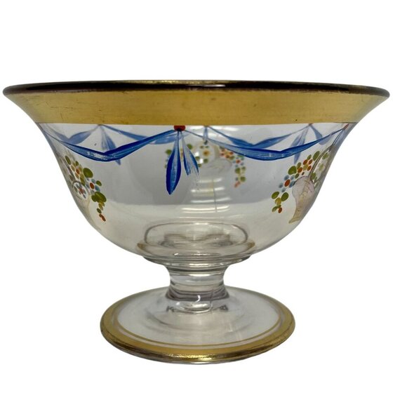 Hand-Painted Glass Compote Dish with Floral and Gold Accents, European Style - Picture 4 of 6